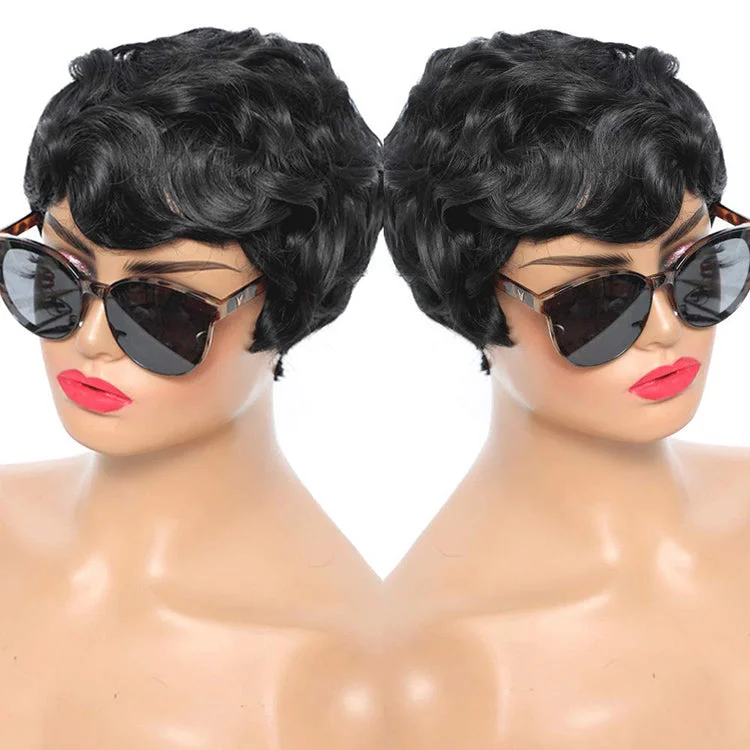 12' Short Cut None Lace Wig With Regular Wave Black Pixie Wig For Black Women Synthetic Hair