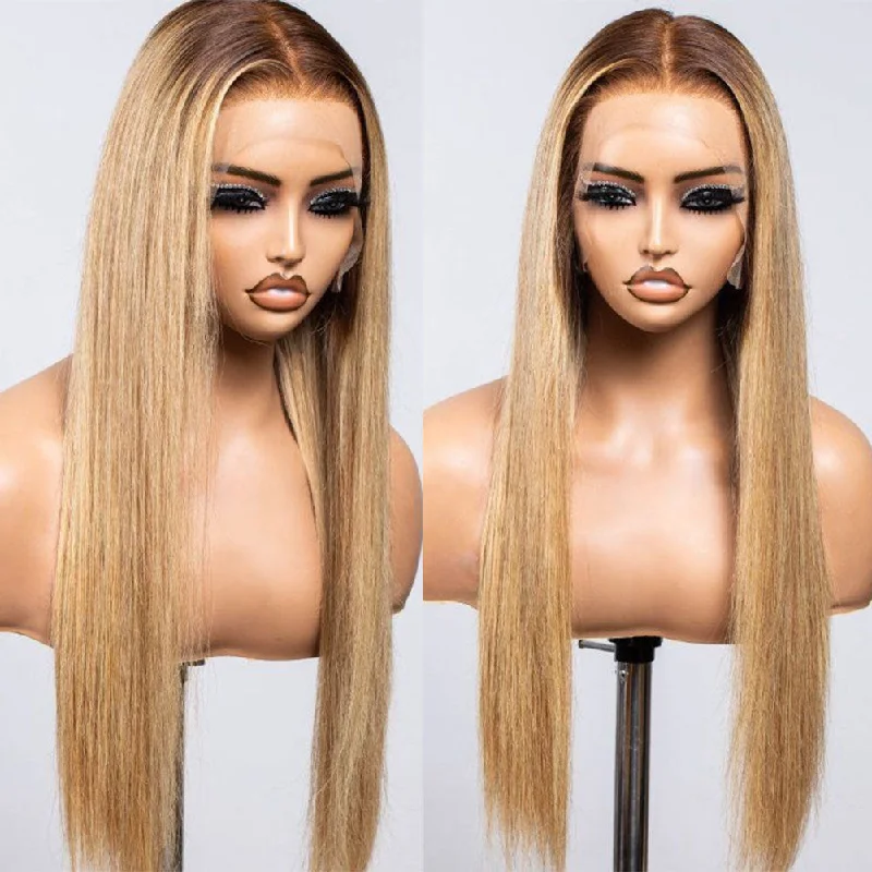 13x6 Skin Melt Lace Delicate Hairline Ombre Brown/Blonde Human Hair Lace Front Wig