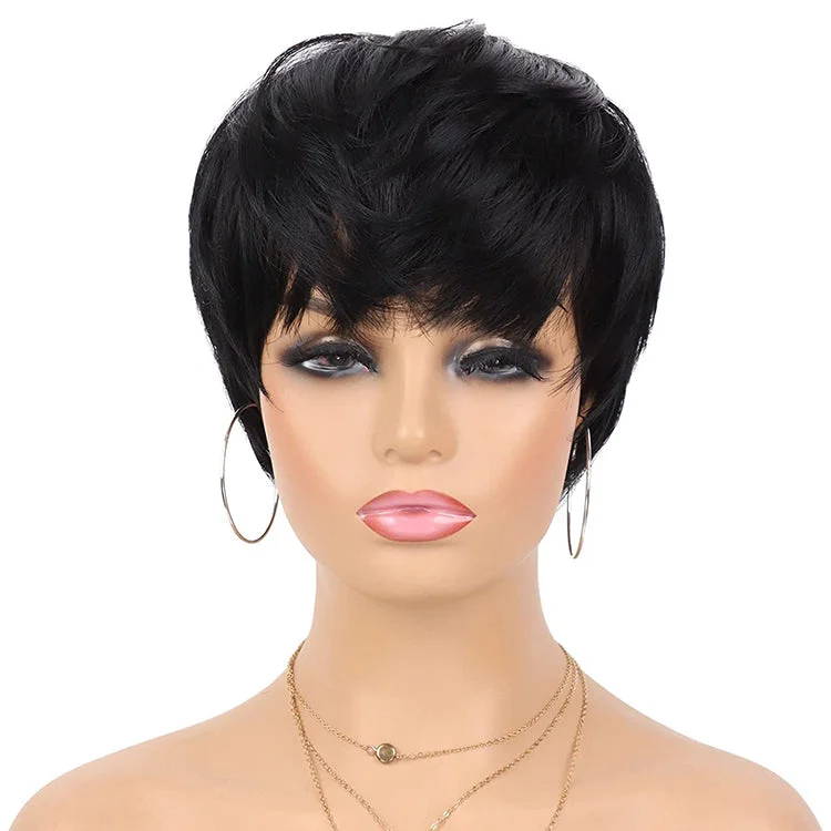 2022 NEW 12 inch Short Haircut Pixie Wig 100% High Temperature Synthetic Hair Fiber Black Color Wig for Black Woman