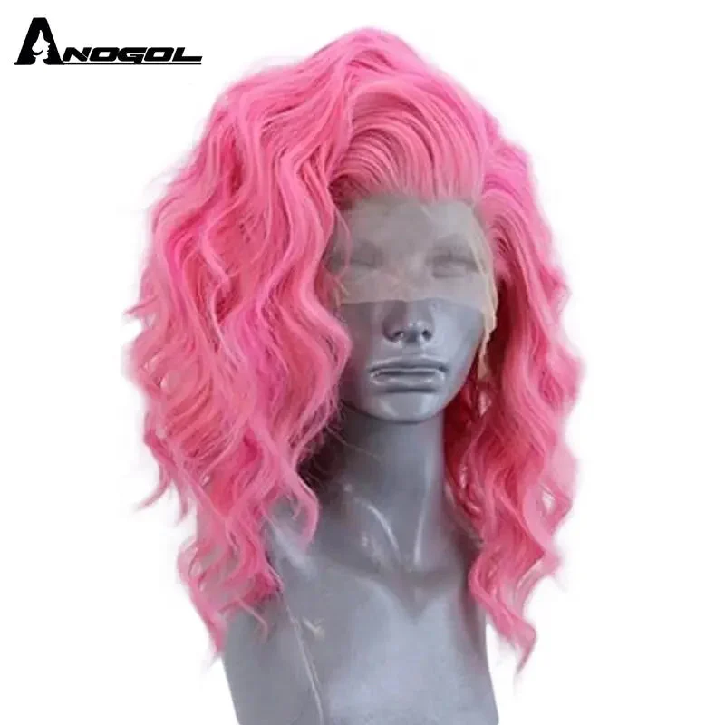 Anogol Short Synthetic Pink Water Wave Glueless Wig