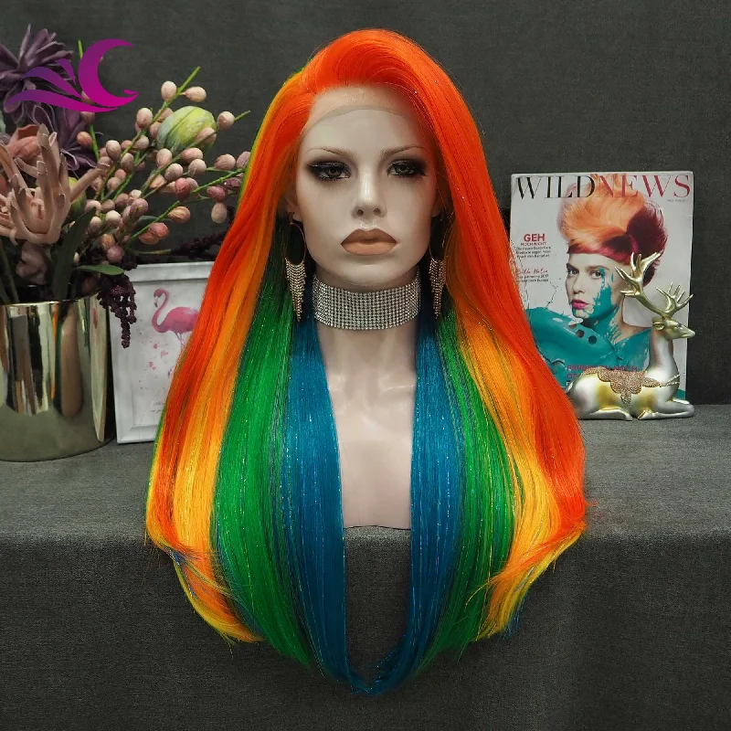 Celebrity Orange Holographic Highlights Rainbow Color Futura Heat Resistant Lace Front Synthetic Hair Wigs for White Girl