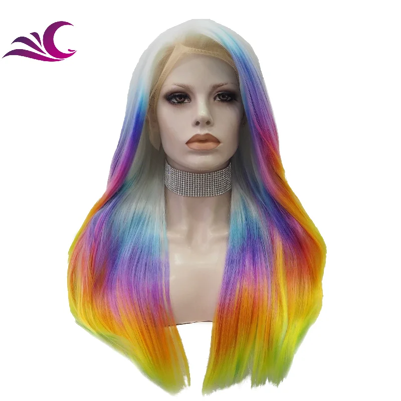 Celebrity Rainbow Holographic Lace Front Wigs Silky Straight Futura Heat Resistant Premium Synthetic Hair Wigs