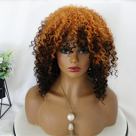 Cheap Machine Made Wig High Quality Synthetic  Hair Pixie Cut Wigs Short Kinky Curly Non Lace Wigs with Bangs for Women