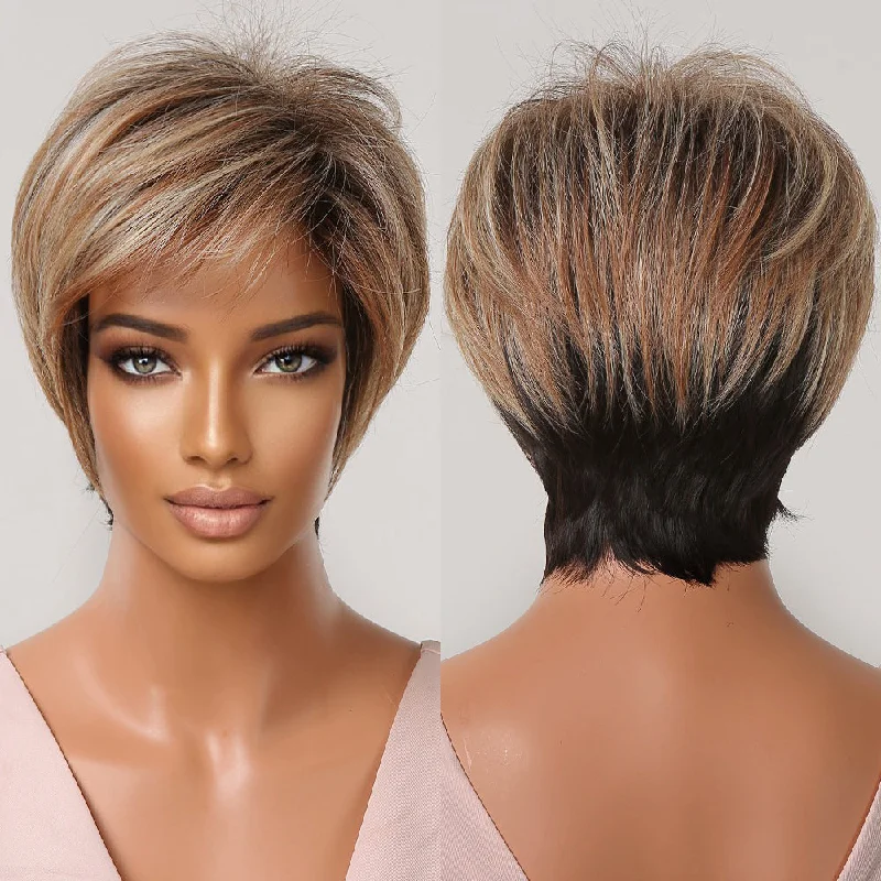 Factory Fast Delivery Natural Brown Synthetic Wig With Side Bangs Mixed Blonde Golden Short Pixie Cut Wigs Hair for Women Afro