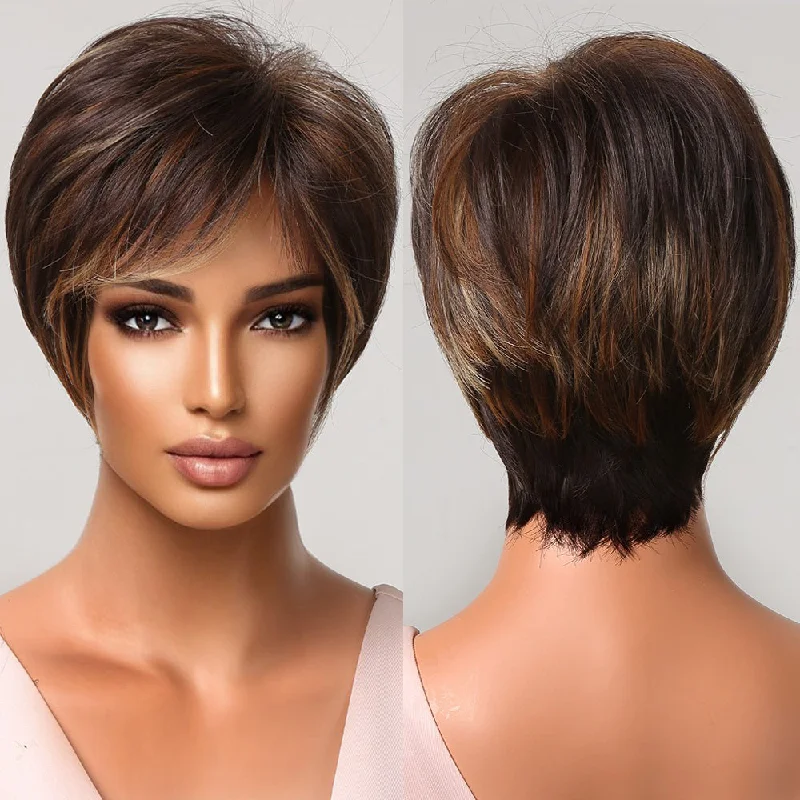 Factory Outlet Mixed Dark Blonde Brown Wig for Black Women Natural Synthetic Short Pixie Cut Wigs with Bangs Heat Resistant