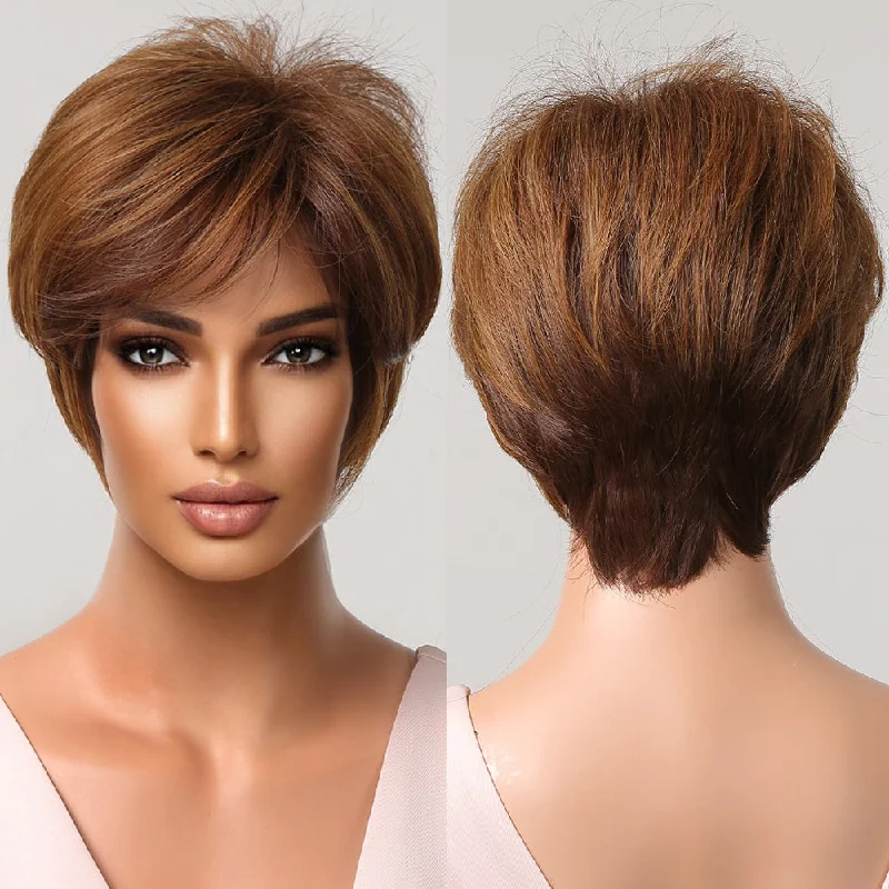 Factory Outlet Short Pixie Cut Wigs for Women Afro Golden Chocolate Brown Synthetic Hair Wig with Bangs Heat Resistant Wig