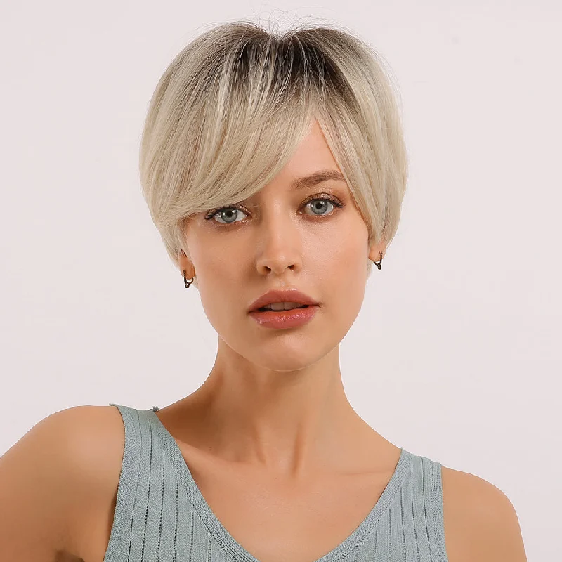 Fast delivery Synthetic Wigs for Women Straight Short Hair Wig with Real Top Scalp Pixie Cut Dark Brown Daily Wigs