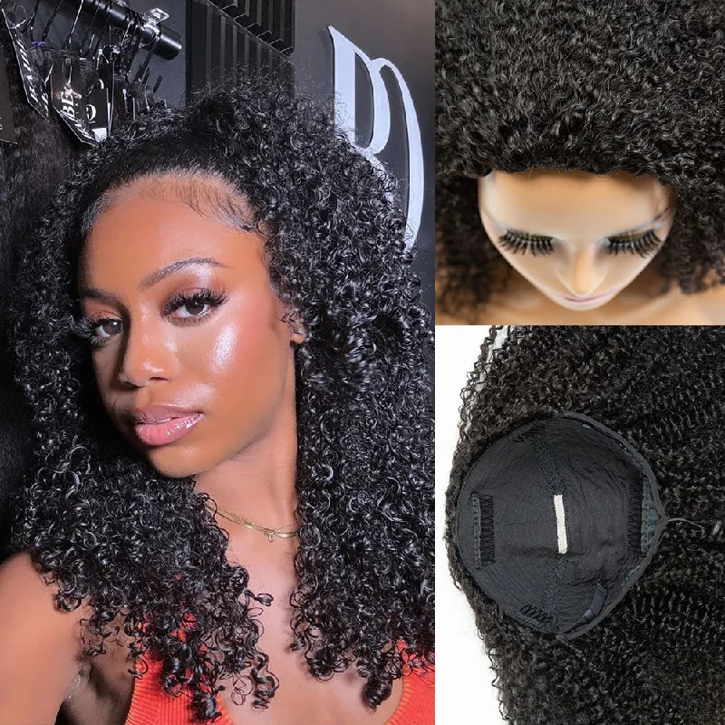 Flip Over Half Wig with Drawstring Kinky Curly Glueless Human Hair Wig