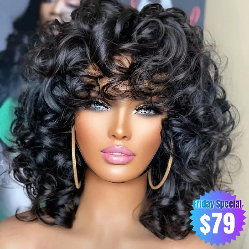 【Friday Special】Full Machine Made Bouncy Wave Human Hair Wig with Bang