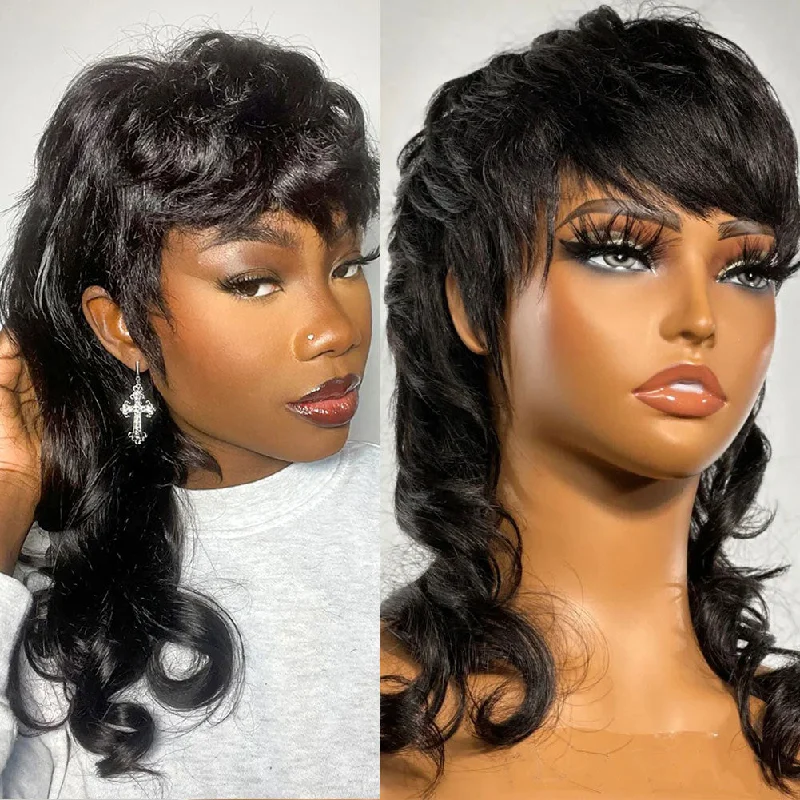 Full Machine Made Mullet Layered Pixie Human Hair Wig with Bang