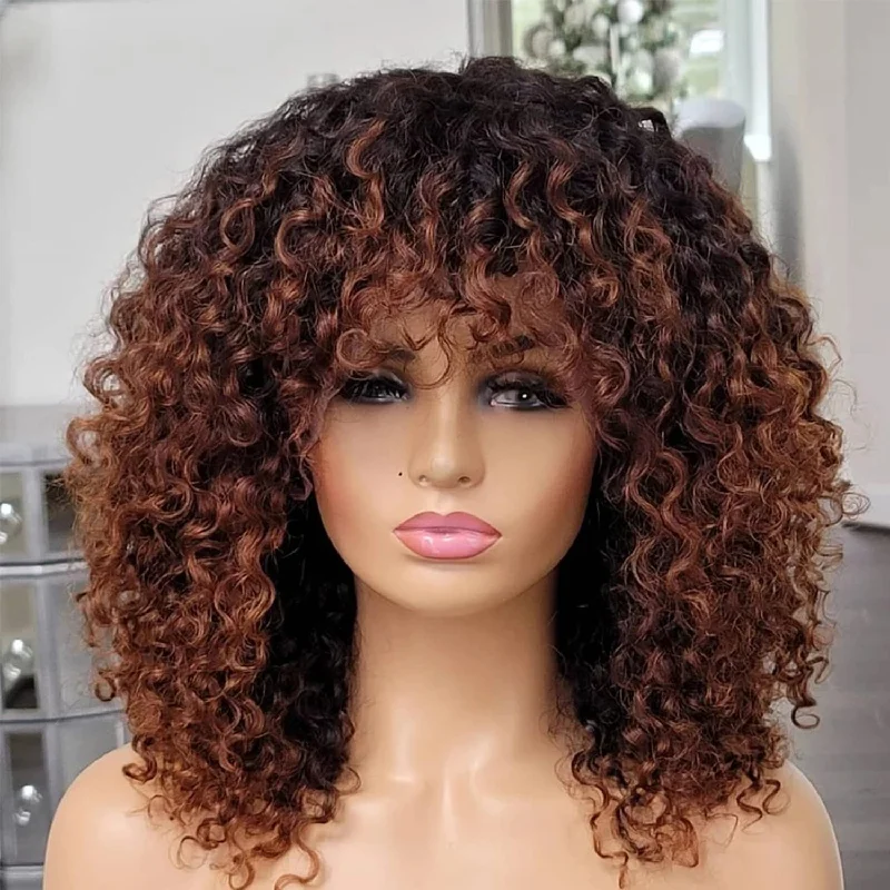 Full Machine Made Ombre Brown Curly Human Hair Wig with Bang