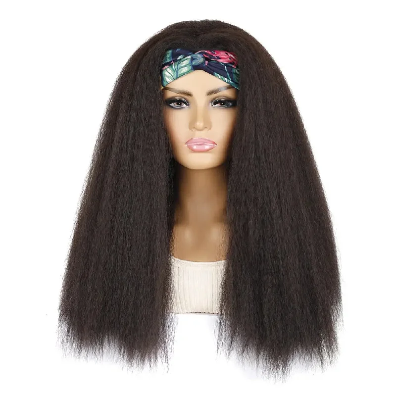 Guangzhou Wholesale Luxury Black Afro 24inch Synthetic Yaki Wig Long Straight Kinky Curly Headband Wigs for Black Women