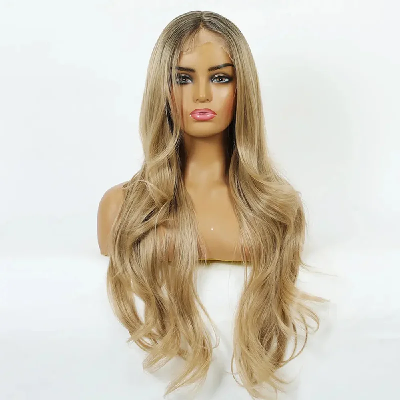 High Density Fiber Smooth Synthetic Wig Long Wavy Front Lace Synthetic Wigs for Black White Women Blonde