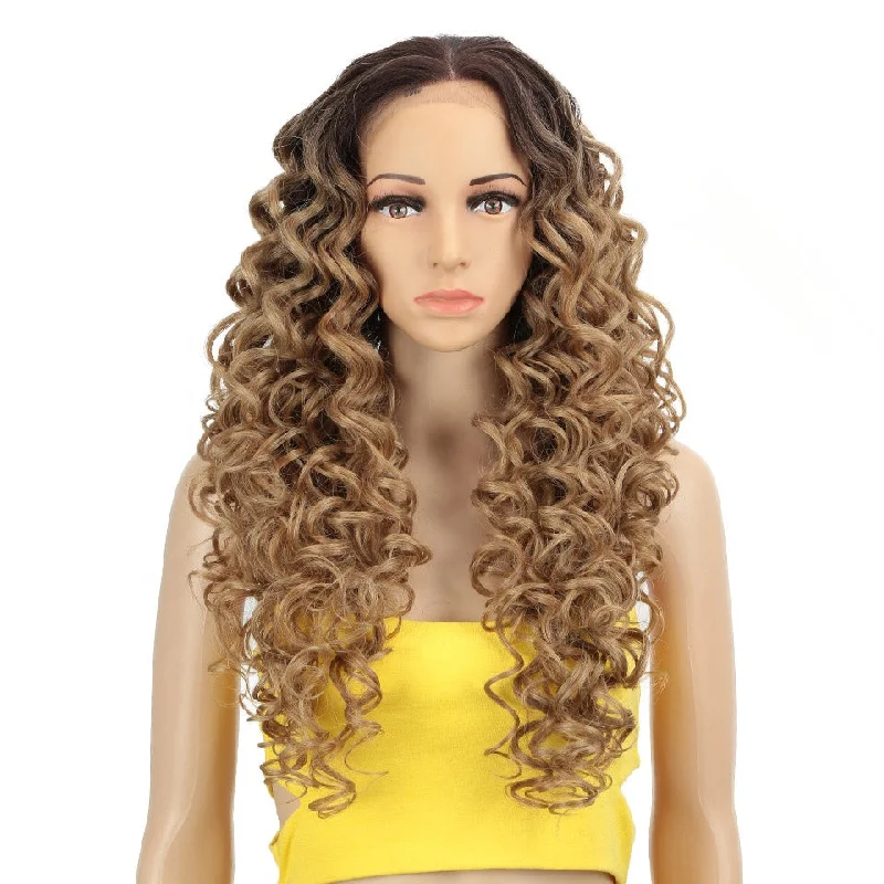 Long curly transparent full hd wholesale vendors body wave front lace frontal wig synthetic hair closure wigs