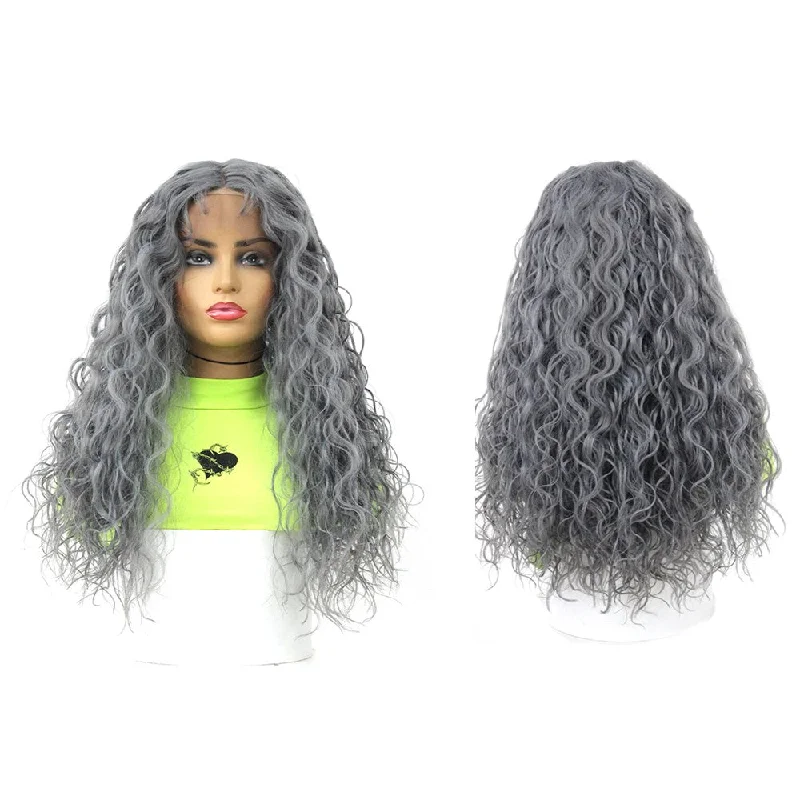 Long Deep Curly Smoky Grey Wig Synthetic Lace Front Wigs for Women X-TRESS High Temperature Glueless Wavy Middle Part Lace Wig