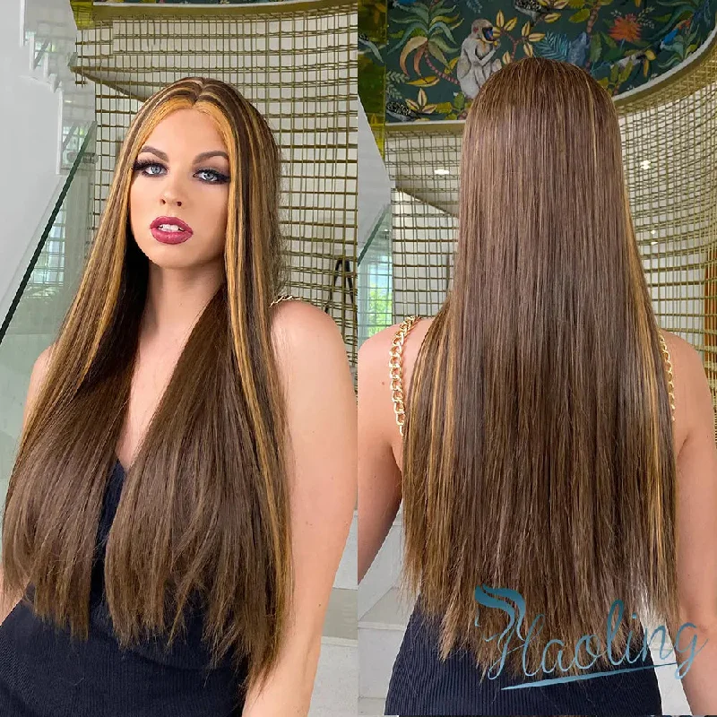 Long Straight Wig Brown Highlights Blonde Front Lace Synthetic Wigs for black Women Daily Use Cheap Hair Soft