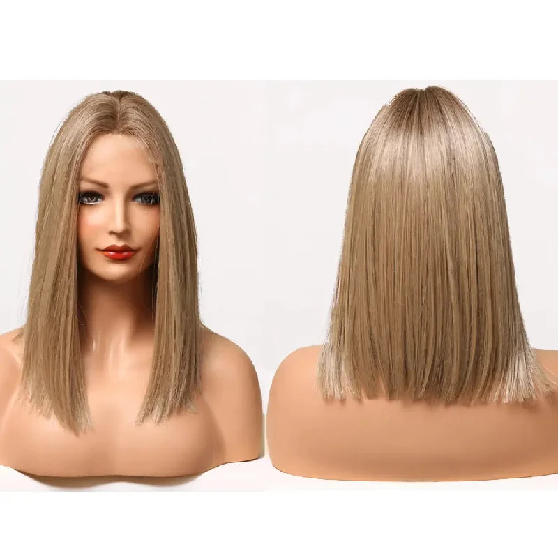 Medium Straight Synthetic Lace Frontal Wigs for Women Natural Ombre Brown Golden Hair Lace Wigs