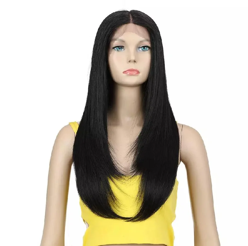 Natural black sleek lace frontal wig wholesale heat resistant blond straight HD lace part frontal Synthetic Hair Wig for women