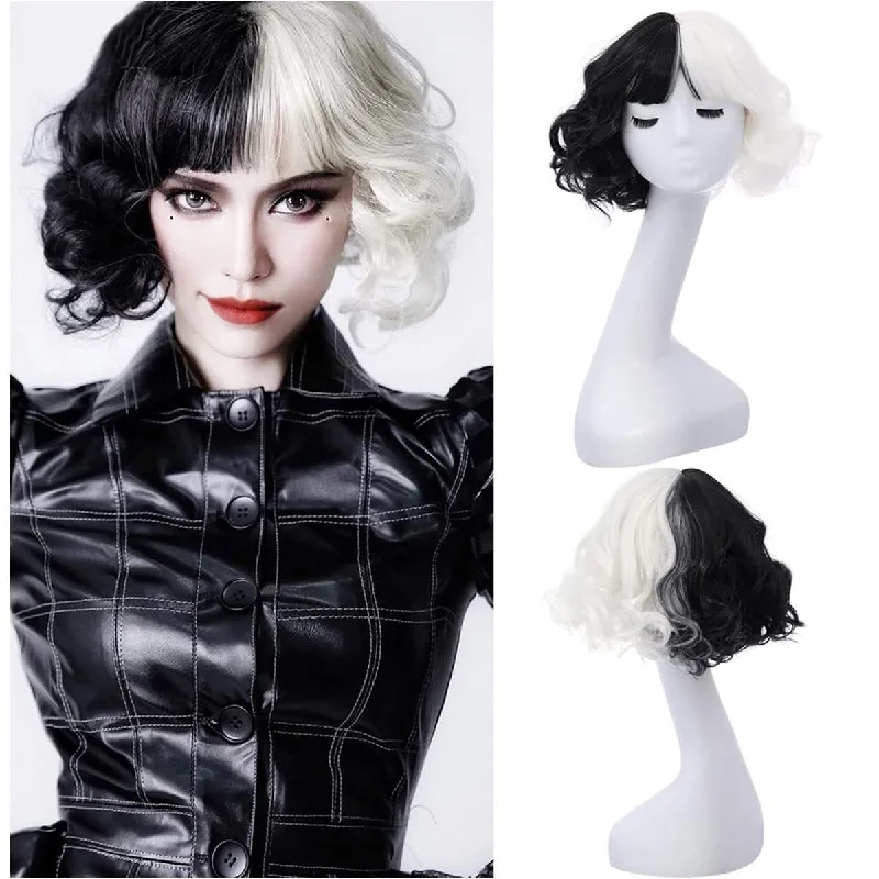 New CRUELLA De Vil Cosplay Wig Half White Half Black Synthetic Short Wavy Wigs With Bangs For Women Heat Resistant Natural Hair