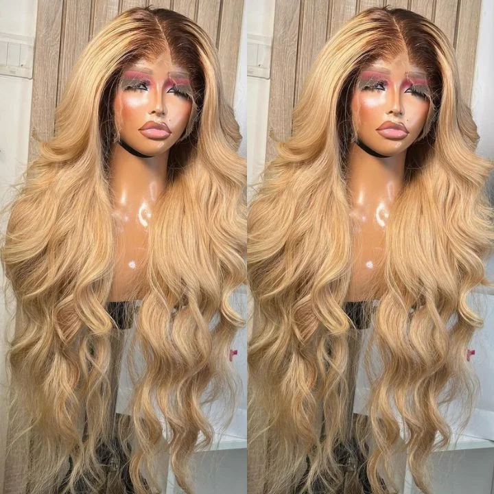 Ombre Blonde Dark Root Body Wave Human Hair Lace Front Wig