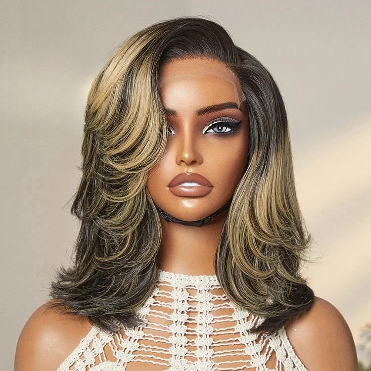 Ombre Blonde Layered Highlight Wavy Human Hair Bob Lace Front Wig