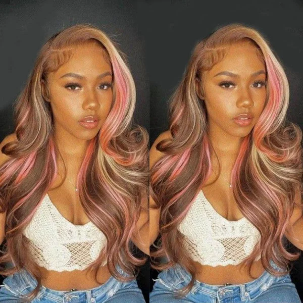 Pink Balayage Brown Highlight Blonde Human Hair Body Wave Lace Front Wig