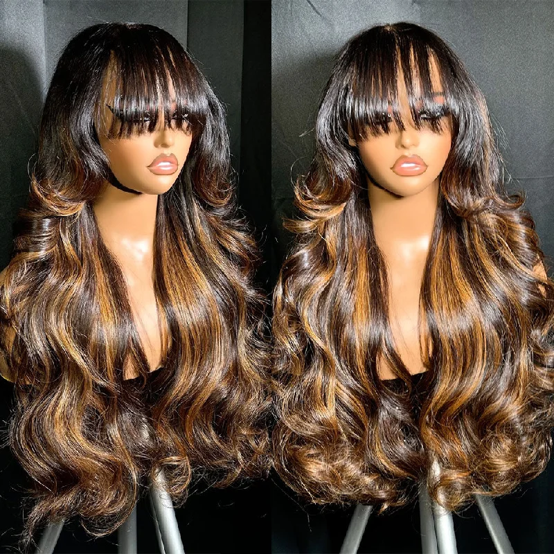 [SalonLux] 6x6 Transparent Lace 180% Highlight Wavy Bang Style Human Hair Lace Closure Wig