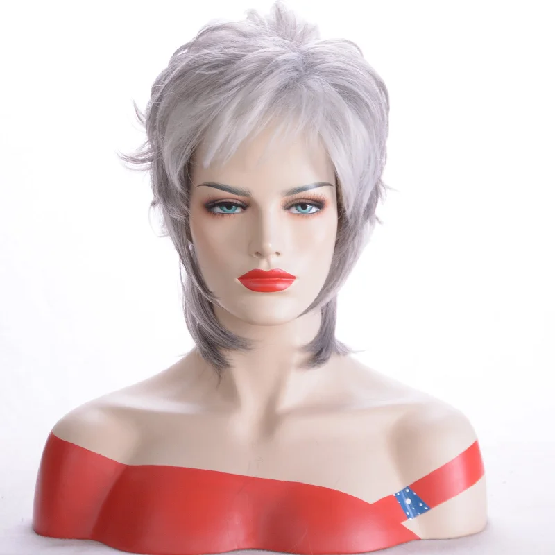 Short Pixie Cut Wigs Natural Wavy Synthetic Hair For Women Sliver Gray Daily Wig With Bangs Heat Resistant Fiber