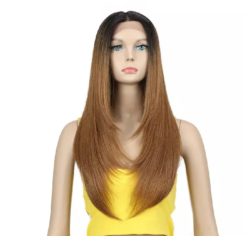 sleek top quality wholesale long blond ombre straight wig heat resistant HD lace part frontal Synthetic Hair Wig for women