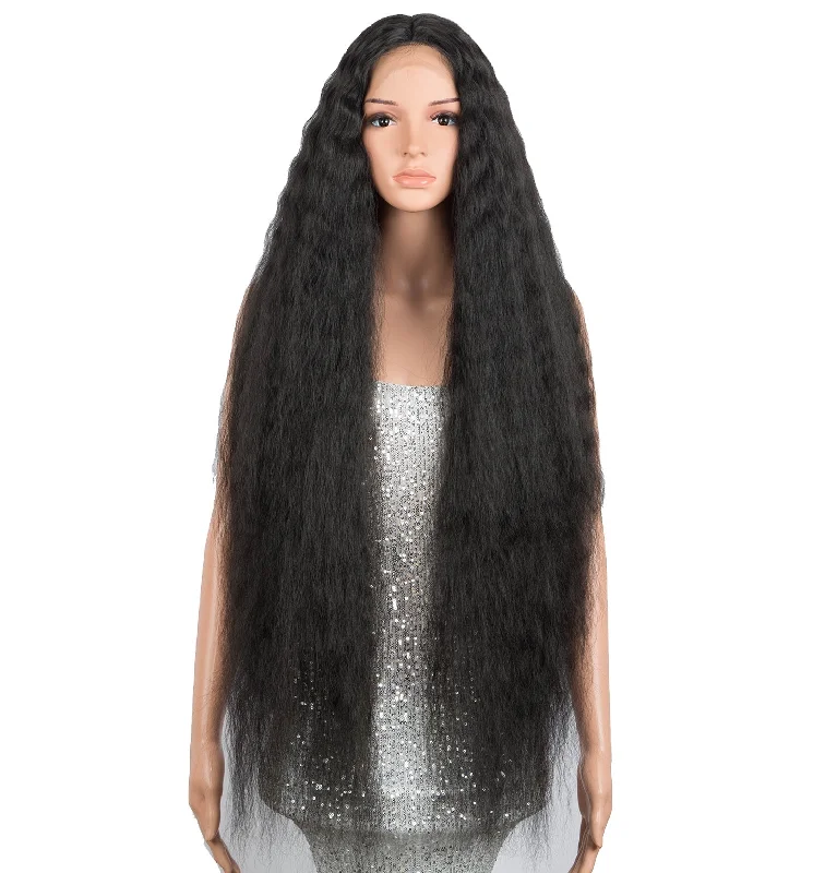 sleek wholesale hot selling heat resistant fiber blond long kinky wave Swiss HD lace frontal wig synthetic hair wig for women