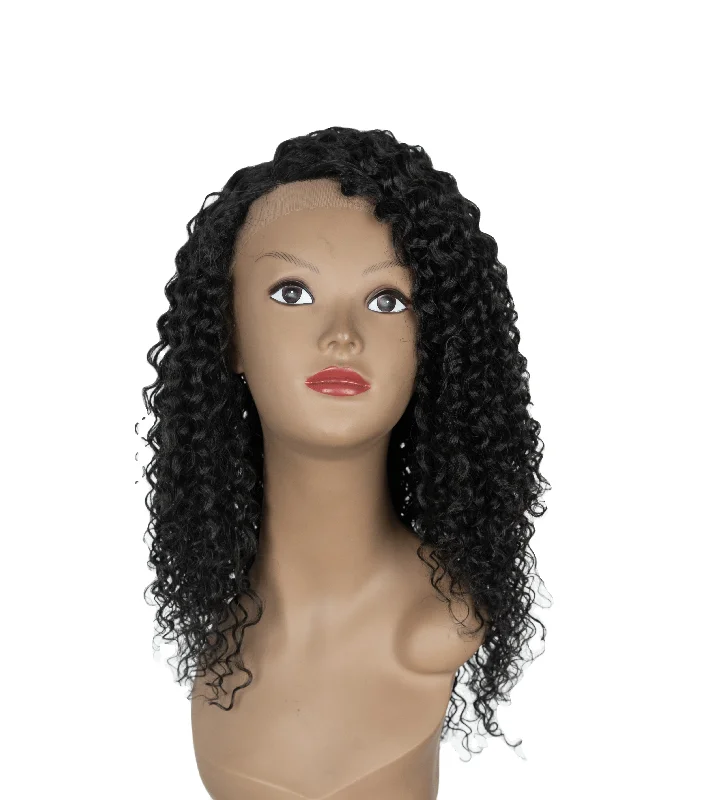 sleek wholesale hot selling heat resistant fiber long kinky curl for women Swiss HD lace part frontal wig synthetic hair wigs