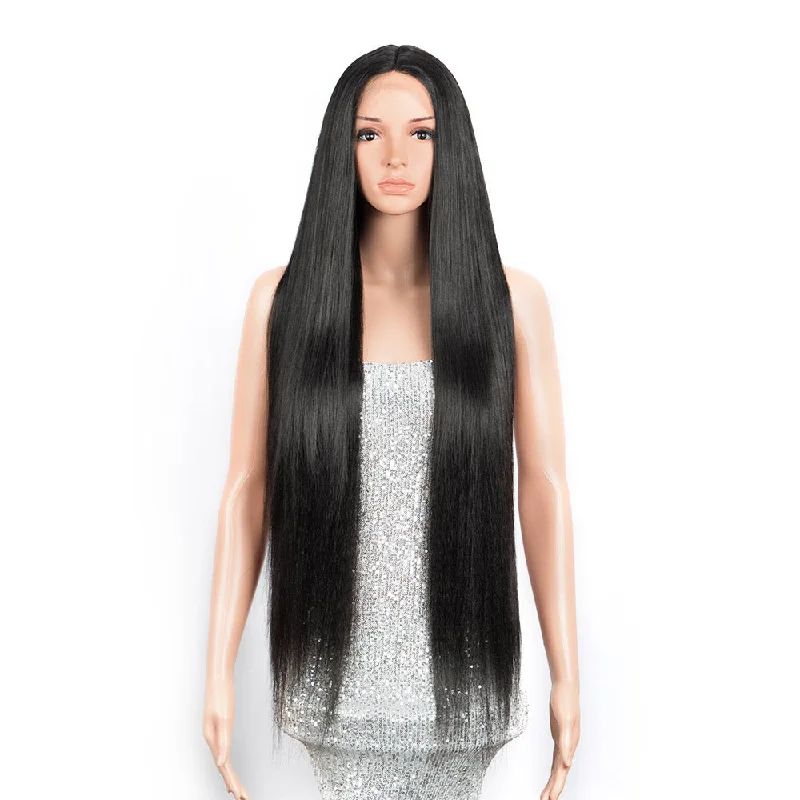 sleek wholesale hot selling heat resistant fiber super soft long straight Swiss HD lace frontal wig synthetic hair wig for women