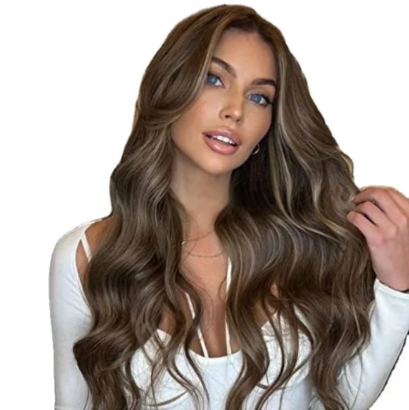 Sleek wholesale manufacturer cheap brown blond  heat resistant fiber Long body wave Swiss HD Lace Front Wig Synthetic hair Wigs