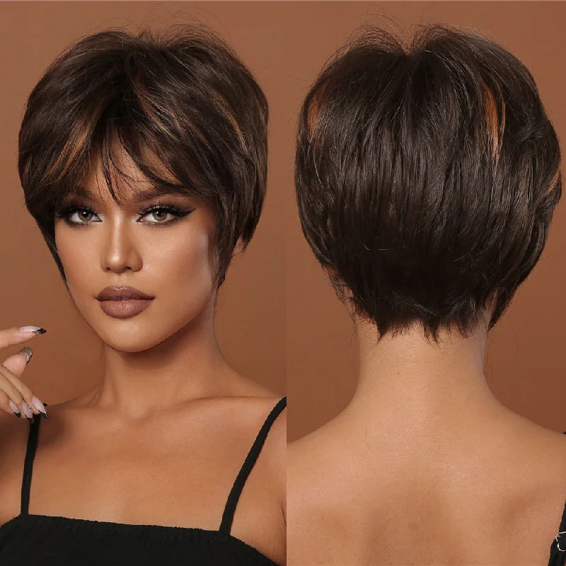 Wigs Factory Brown Wig with Golden Highlight Synthetic Short Pixie Cut Wig for Black Women Daily Heat Resistant Female Hair