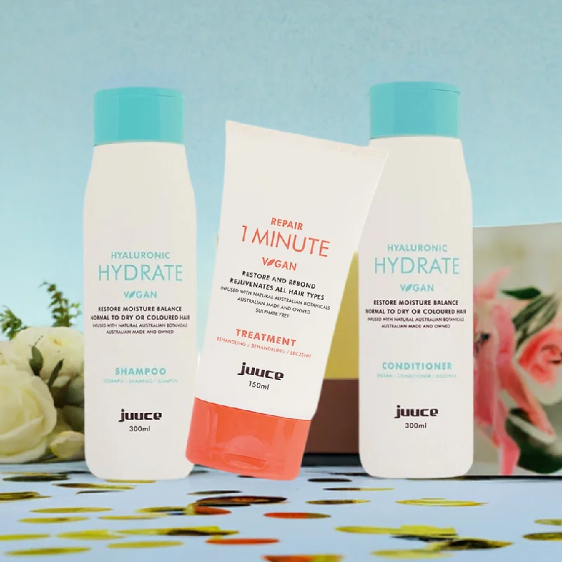 Juuce Hyaluronic Hydrate Shampoo, Conditioner and 1 Minute Treatment Trio