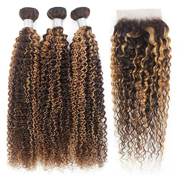 Kinky Curly Hair With Closure 3 Bundles With Closure Brown Ombre Honey Blonde Brazilian Hair Extensions  (P4/27)