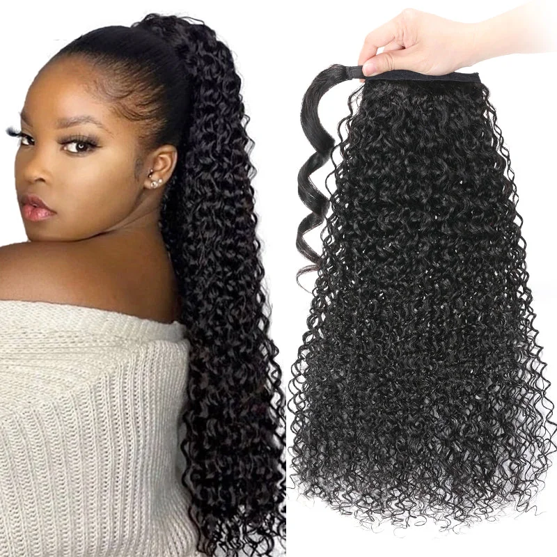 Jerry Curl Hair Weave Ponytail Wrap Around 5 Styles Clip in Hair Extensions