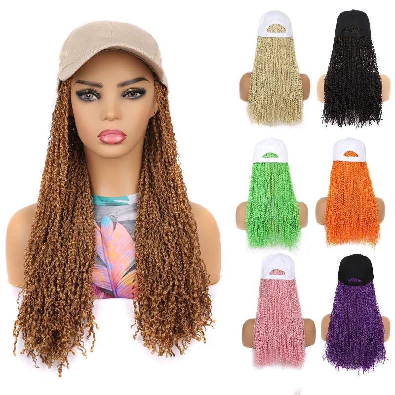 VAVANGA 20inch Long Black Baseball Cap with Hair Attached Curly Hair extension